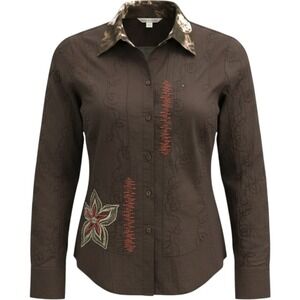 Taifun Womens Brown Embroidered Floral Button Up Shirt Long Sleeve Size 6 US EUC